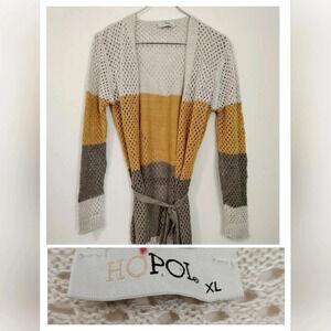 Hopoi Cardigan Size XL Striped Fall Colors Knit Long Sleeves Belted